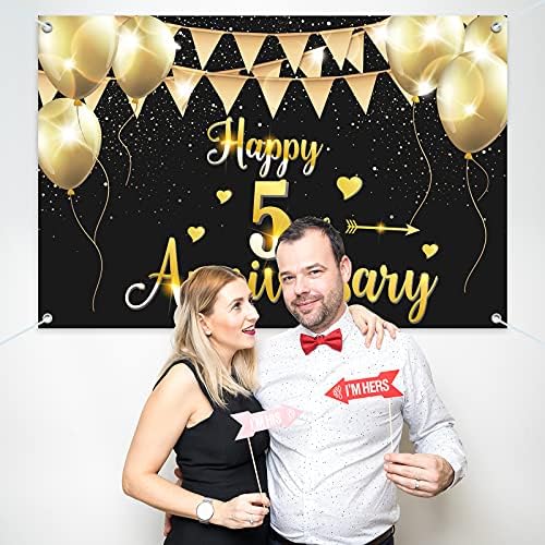 HAMIGAR 6x4ft Happy 5th Anniversary Banner fundal - 5 decoratiuni aniversare de nunta consumabile pentru petreceri-Aur Negru