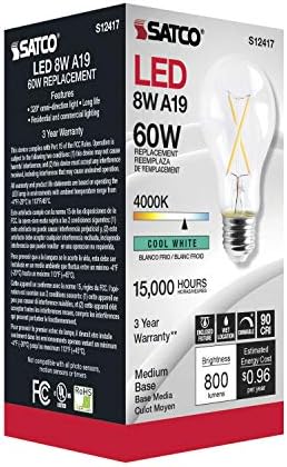 Lămpi cu Filament LED reglabile Satco, S12417, lumeni înalți, 8 wați, A19; clar; bază medie; 4000K; 90 CRI; 120 volți pentru