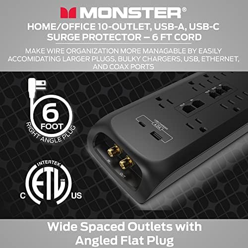 Monster 6ft Black Heavy Duty Power Turn Surge Protector, 4050 Joule rating, 10 120V-outlets, 1 USB-A și 1 porturi USB-C ideale