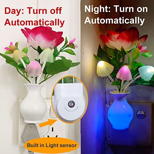 Senzor AUSAYE LED Night Light Plug-in Nightlight, schimbarea culorii Rose Flower Mushroom Night Light pentru copii adulți Dormitor, Baie, pepinieră, bucătărie, subsol