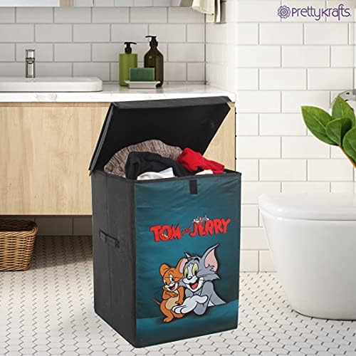 Tom & amp; Jerry coș de rufe pliabil pentru haine cu capac și mâner, organizator de jucării, 75 litri, Verde