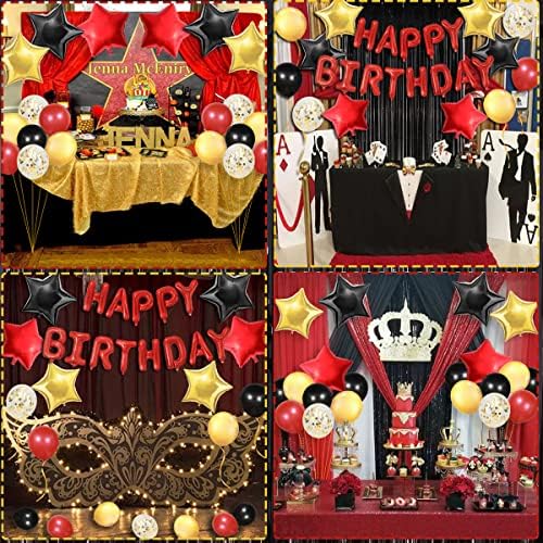 Decorațiuni de naștere negre și aur roșu, banner de folie de naștere la mulți ani și topper pentru tort, fundal negru perdele