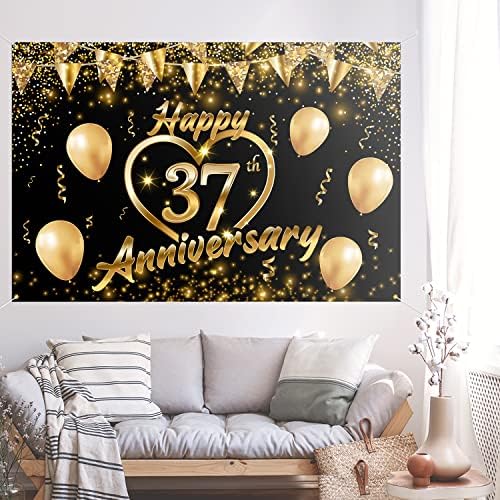 Fericit 37th Anniversary Backdrop Banner Decor Black Gold-Glitter Love Heart fericit 37 de ani nunta aniversare petrecere tema decoratiuni pentru femei barbati Consumabile, 3.9 x 5.9 ft