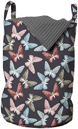 Geantă de rufe Lunarable Butterflies, insecte zburătoare cu detalii ridicate pe un fundal întunecat, coș de coș cu mânere Închidere