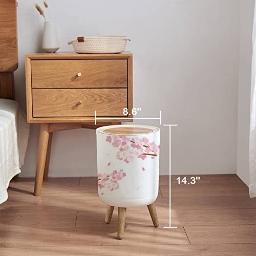 Coș de gunoi cu capac Flori de cireș capac de presă coș de gunoi mic rotund cu picioare din lemn coș de gunoi pentru baie bucătărie