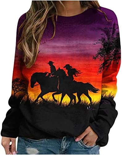 Panouri de peisaj occidental pentru femei cămăși de cai cowboy vintage cu mânecă lungă raglan cu mânecă pulovere pentru gât