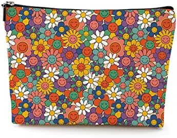 Ovfhus Retro Smiley flori Make Up Bag cosmetice Travel Bag Hippie cadouri drăguț Boho Daisy floare 60 70s Decor chestii cadouri