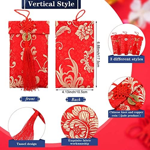6 bucăți Plicuri de Anul Nou Chinezesc Plicuri de bani norocoși plicuri roșii de mătase, Hongbao Plicuri de broderie roșie festivă Chineză Card Cadou cu nod pentru Anul Nou, Ziua de Naștere, Nuntă