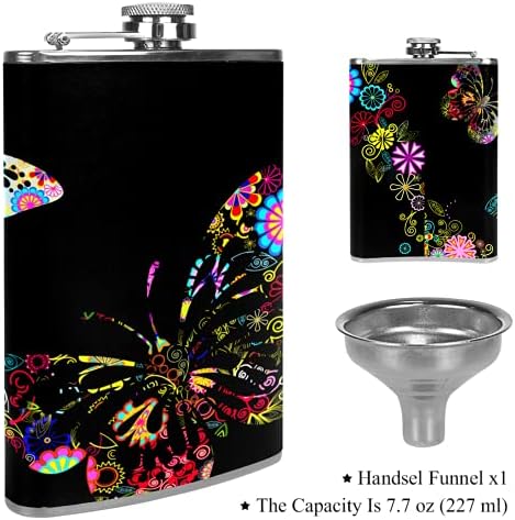 Hip Flask pentru lichior din oțel inoxidabil Leakproof cu pâlnie 7.7 oz capac din piele mare cadou idee Flask-Butterfly Negru