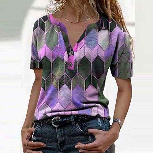 Balakie imprimate femei vara T-Shirt Mâneci scurte V-Neck Casual merge afară tricou bluza buton Relaxat se potrivesc confortabil