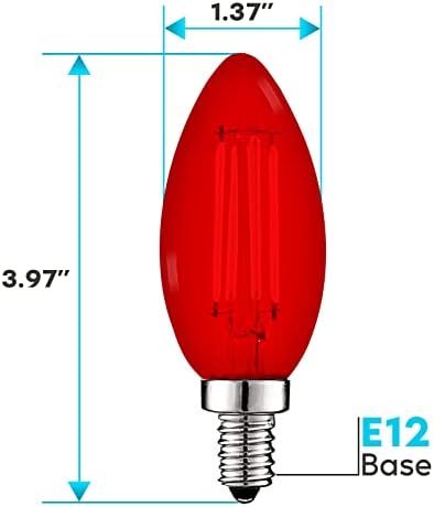 Becuri roșii cu Filament LED LUXRITE E12, 4,5 W , Bec candelabru din sticlă colorată, listat UL, Bază E12, Interior Exterior,