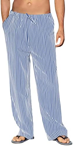 Pantaloni de lenjerie bărbați, pantaloni de bumbac casual pentru bărbați cu dungi talie elastică elastică ușoară vară slim
