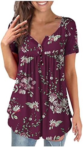 ticcoy Plus Size tunica Topuri pentru femei floarea-soarelui imprimare Ruched T Shirt V Neck bluze cu maneci scurte 2023 Camasi