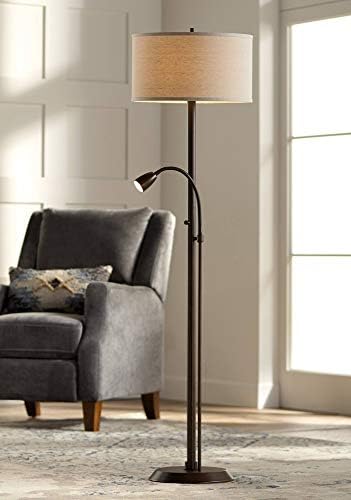 Possini Euro Design Traverse lampă de podea modernă cu lumină de lectură cu gât de gâscă LED 64 ulei înalt frecat bronz metal fulgi de ovăz țesătură tambur umbră Decor pentru sufragerie casă de lectură dormitor de familie acasă