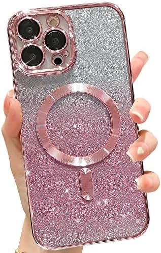 DUZDXN compatibil cu iPhone 13 Pro Max Telefon Magnetic pentru femei Femei Fashion Pink Glitter Cover de lux Placare de lux