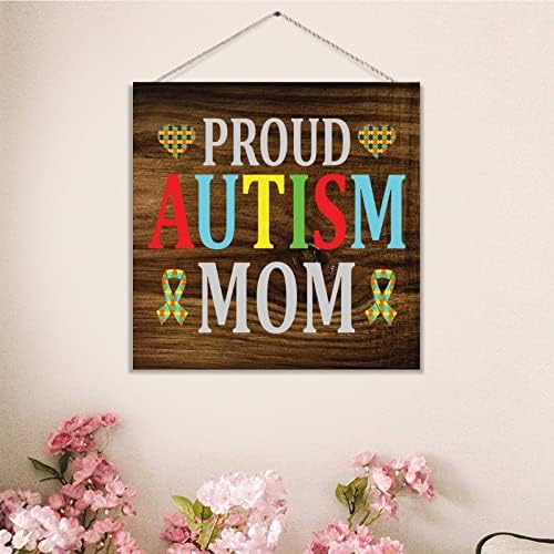 Mândru autism mamă puzzle panglică semn din lemn autism conștientizare semn puzzle piesă de suport autist placă rustic acasă