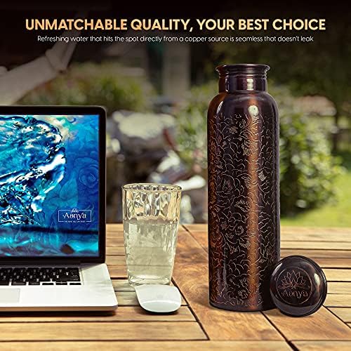 Aanya Pure Copper Sticla de apă - 32 oz Vas de cupru Ayurvedic cu design gravat și finisaj neted - Flacon de cupru premium