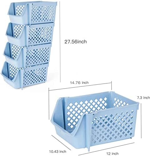 Set de 4 coșuri de depozitare stivuibile albastre, coșuri de depozitare din Plastic pentru depozitarea bucătăriei și depozitarea