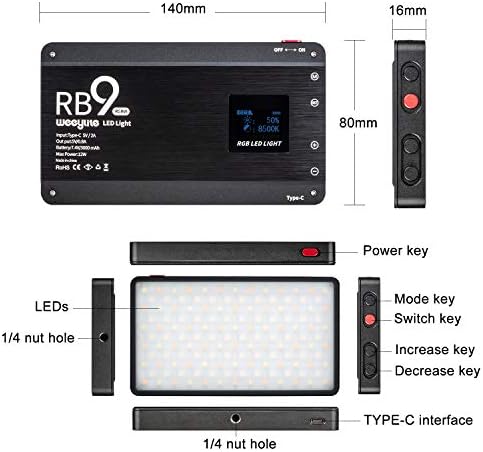 Weeylite RB9 Portabil RGB Video Light Light cu controlul aplicației, reîncărcabil 2500K-8500K 360 ° Culoare completă 29 Efecte de iluminare Panou de umplere cu suport pentru filmare video, Tiktok, Portret, YouTube