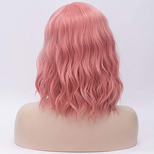 Vrina păr scurt cret ondulat Roz peruca cu breton sintetic Bob peruca pentru femei peruca fibre rezistente la căldură pentru