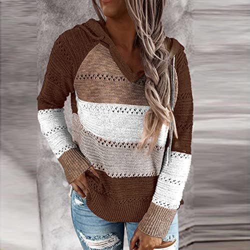 Glugă pentru femei Casual pulovere la modă cu mânecă lungă Color Patchwork Pullover tricot pulover cu glugă Blaturi scobite