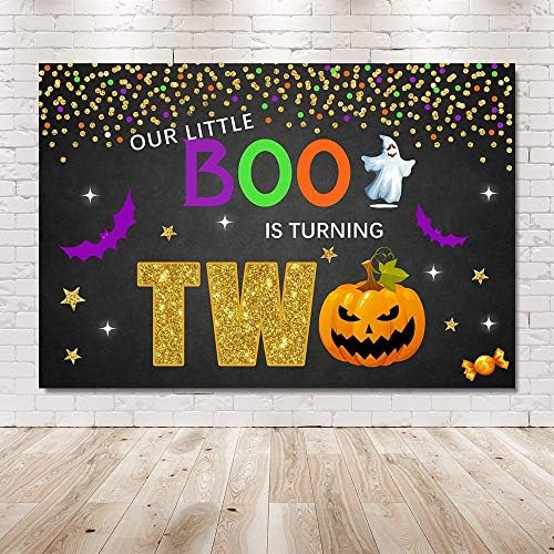 MEHOFOND Little Boo two Birthday Party Photo Background Banner Confetti Halloween Happy 2nd Birthday Black Gold Purple Dots