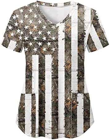 4 iulie tricou pentru femei Usa Flag vara maneca scurta V-Neck tricouri cu 2 buzunare Bluza Top vacanță Casual Workwear