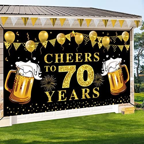 Noroc mare la 70 de ani Banner Party Supplies, Black Gold Happy 70th Birthday decorations, 70th Anniversary background Poster