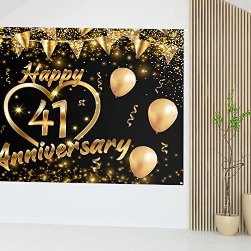 Fericit 41 de ani fundal Banner Decor aur negru-sclipici dragoste inima fericit 41 de ani nunta aniversare petrecere tema decoratiuni