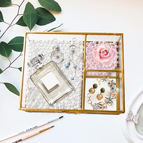 Limor Glass Jewelry Organizator Box - Carcasă de păstrare clară cu ramă metalică aurie în formă de dreptunghi cu piept de trinket în interior, cutia de afișare pentru inel de cercei, colier, accesorii