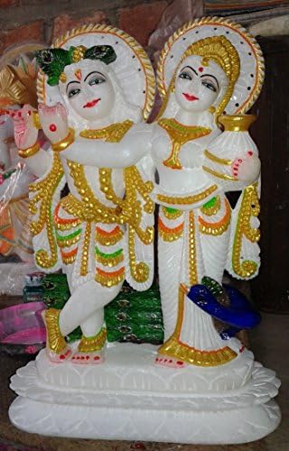 Radha Krishna Statuie de marmură albă handmade Domnul decorat Makarana Sculptură zeu de 12 inci