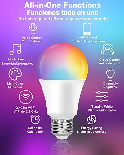Becuri inteligente Minpory, compatibile cu Alexa & amp; Google Home , A19 E26 bec LED Wifi reglabil Rgbcw schimbarea culorii