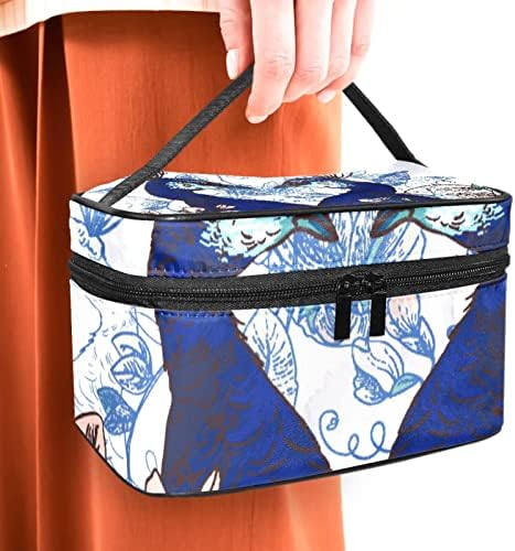Geantă de machiaj de călătorie Yoyoamoy cu compartiment, artă albastră de păun albastru Flori mari carcasă cosmetică personalizată