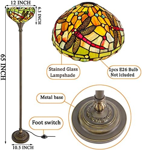 Lampa de podea Zjart Torchiere Tiffany, nuanță de vitralii în stil libelule, lumină de torță în picioare, înălțime de 65 inci,