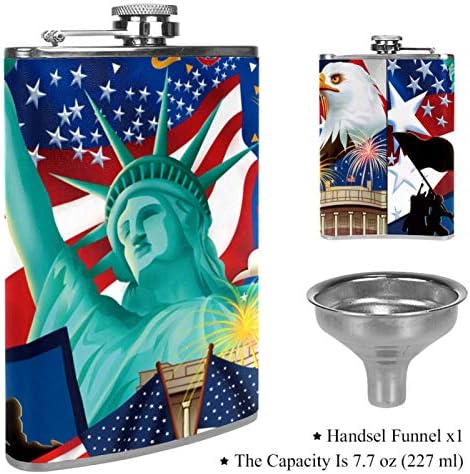 Hip Flask pentru lichior din oțel inoxidabil Leakproof cu pâlnie 7.7 oz capac din piele mare cadou idee Flask-Statuia Libertății American Flag Hawk