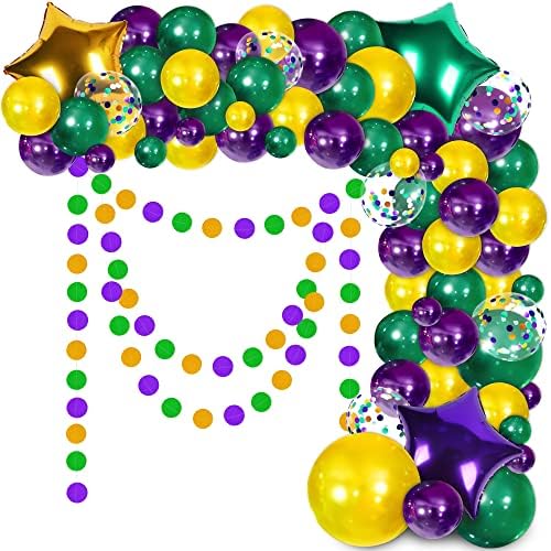 Mardi Gras Decorations Balloons Garland Arch Kit - Purple Green Gold Dot Banner cu confetti/folie Balloon Star pentru carnaval pentru ziua de naștere